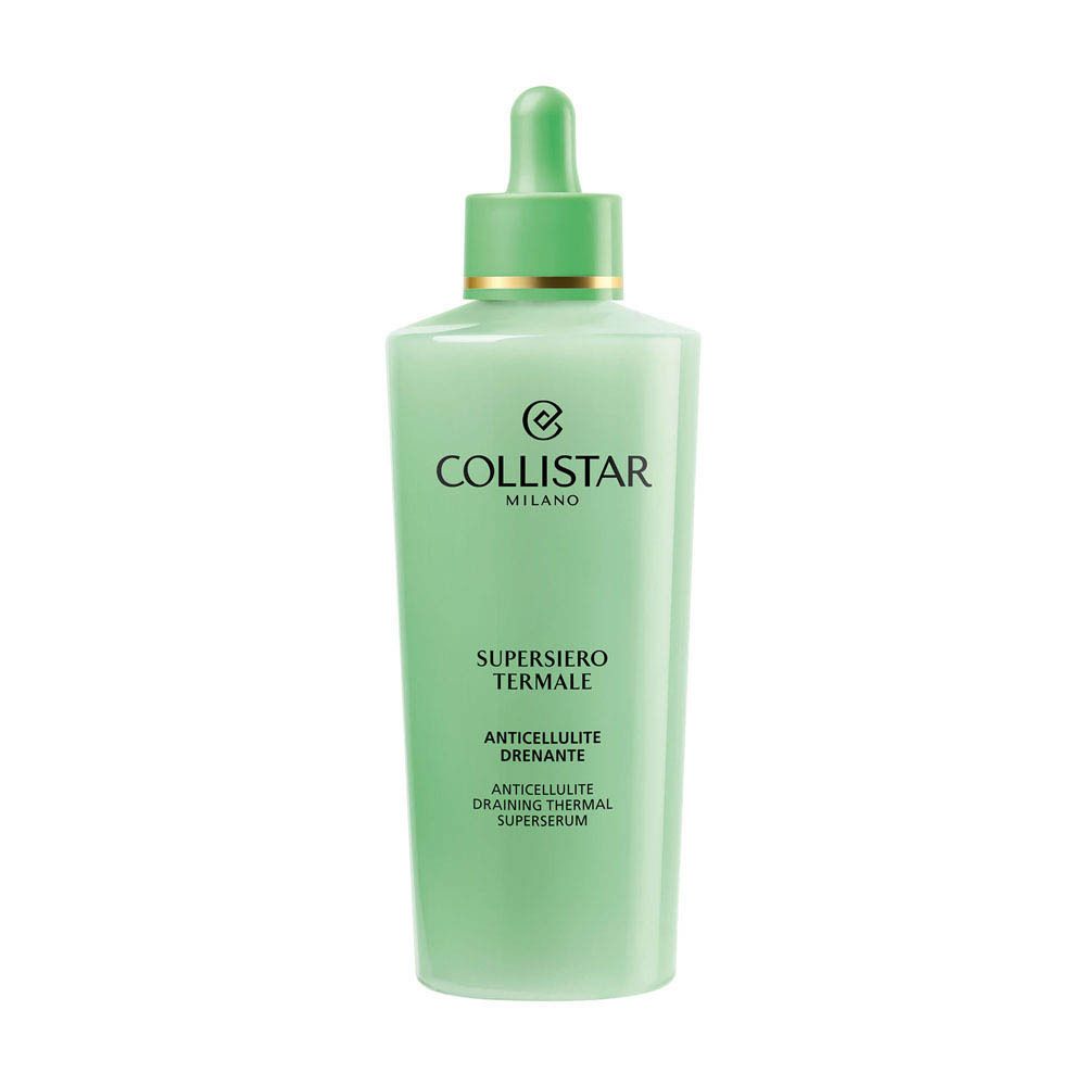 Groene fles met pipet. Opschrift: Collistar Milano, Supersiero Termale, Anticellulite Drenante. Product.