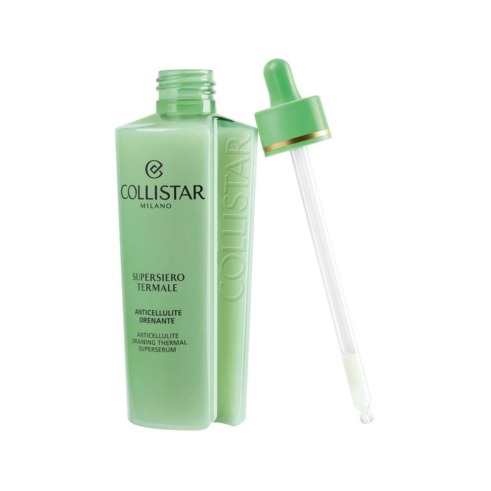 Groene fles met pipet. Opschrift: Collistar Milano, Supersiero Termale, Anticellulite Drenante. Pipet ernaast.