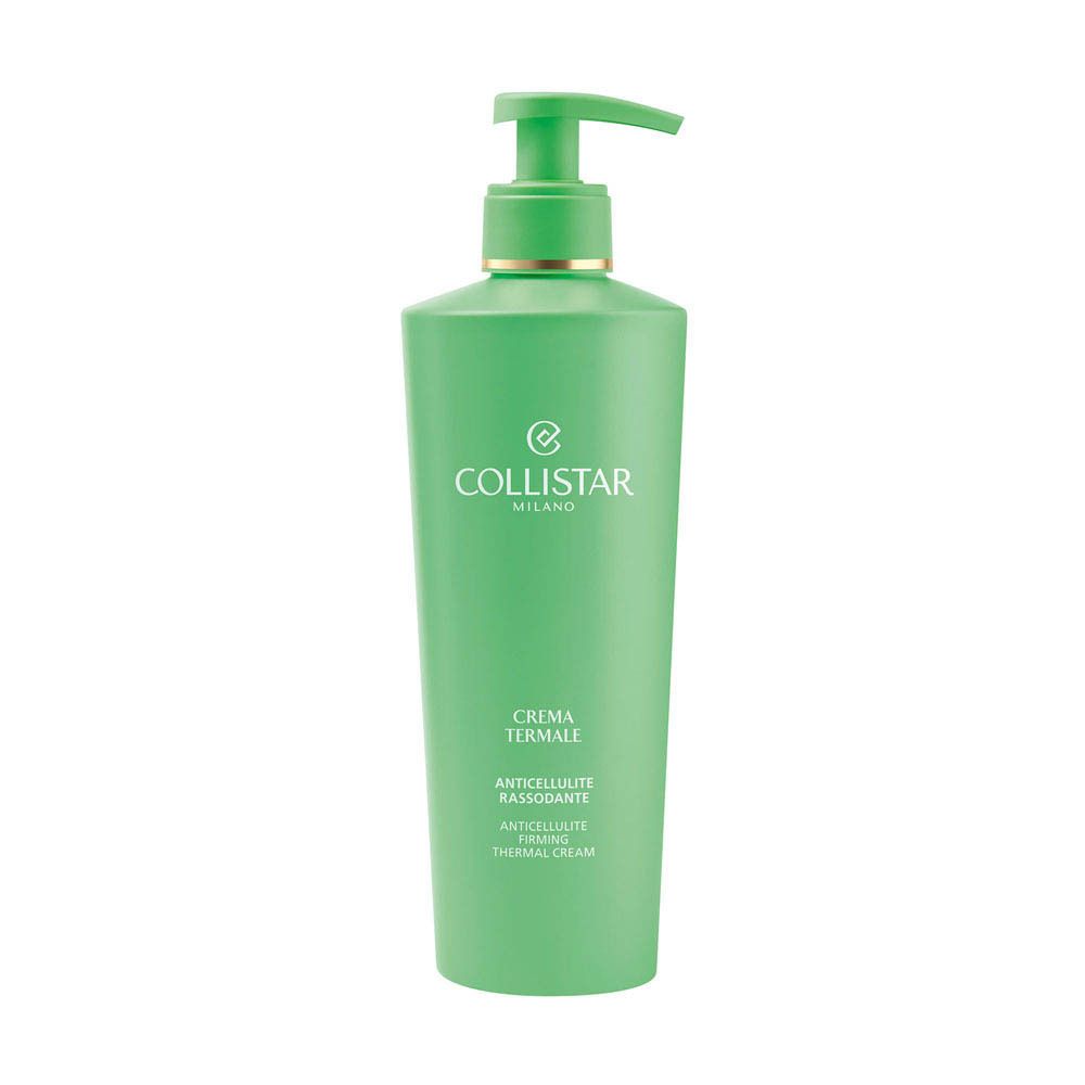 Flacon vert avec pompe doseuse. Inscription : Collistar Milano, Crema Termale, Anticellulite Rassodante, Thermal Cream.