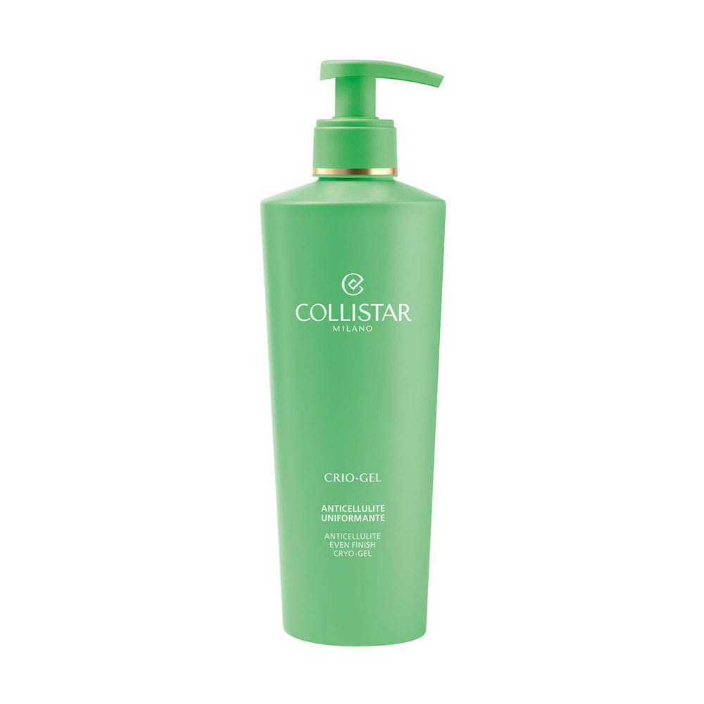 Lichtgroene fles met pomp. Opschrift: Collistar Milano, Cryo Gel, Anticellulite Uniformante, Anticellulite Even Finish Cryo Gel.