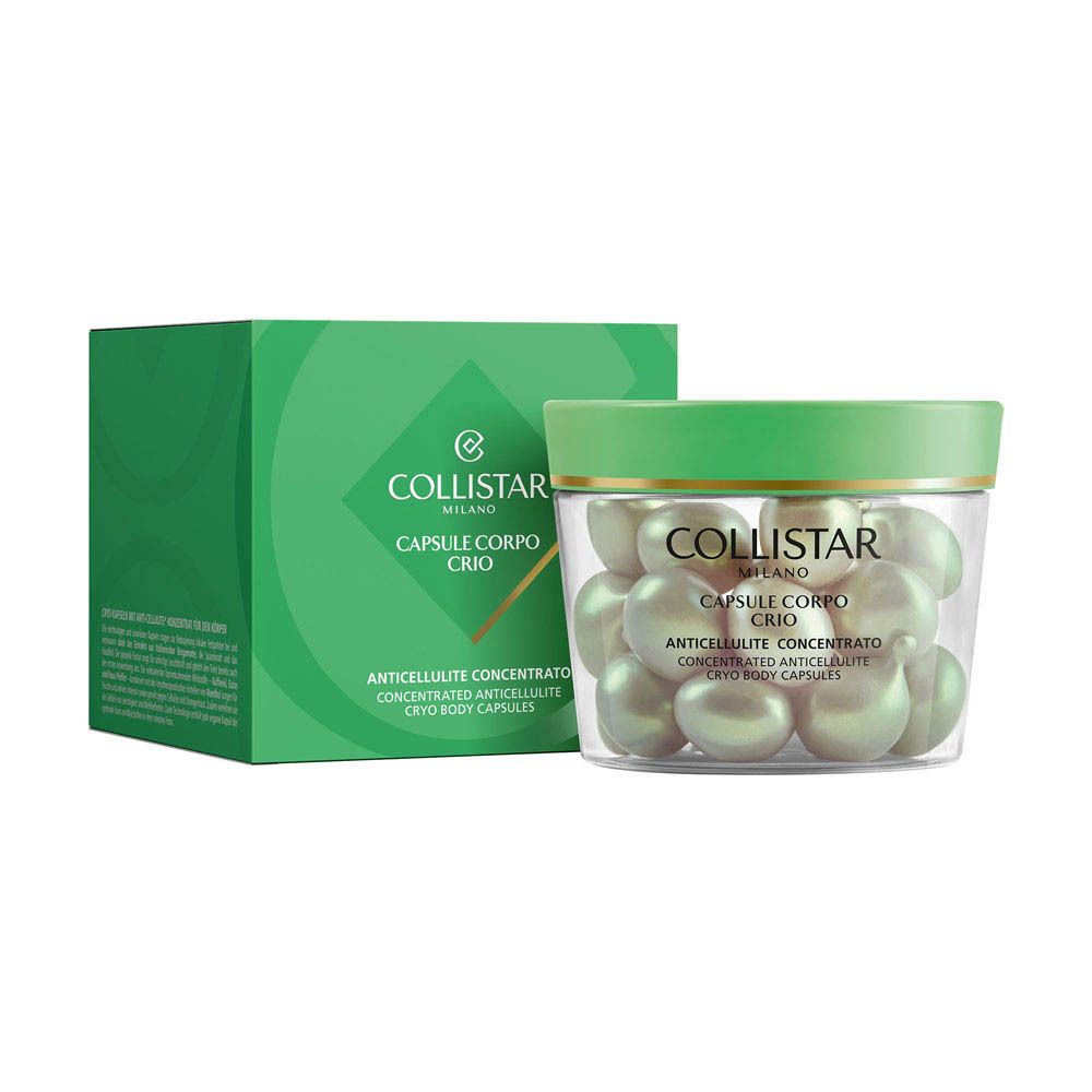 Close-up van groene capsules. Product: COLLISTAR Anticellulite Concentrate Cryo Body Capsules.