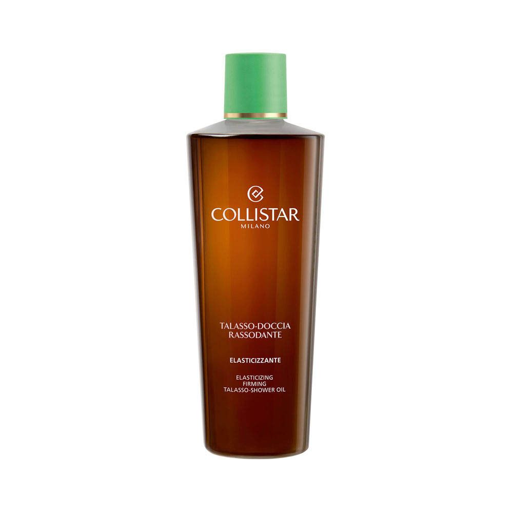 Flacon marron avec bouchon vert. Inscription : Collistar Milano, Talasso-Doccia, Elasticizzante, Firming Talasso-Shower Oil.