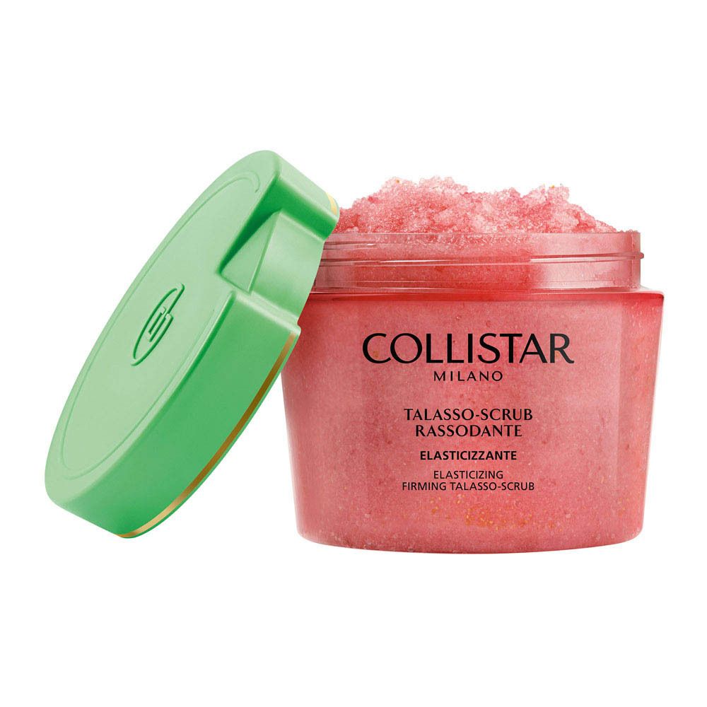 Pot met roze scrub. Groen deksel. Deksel open. Naam: Collistar. Talasso-Scrub.