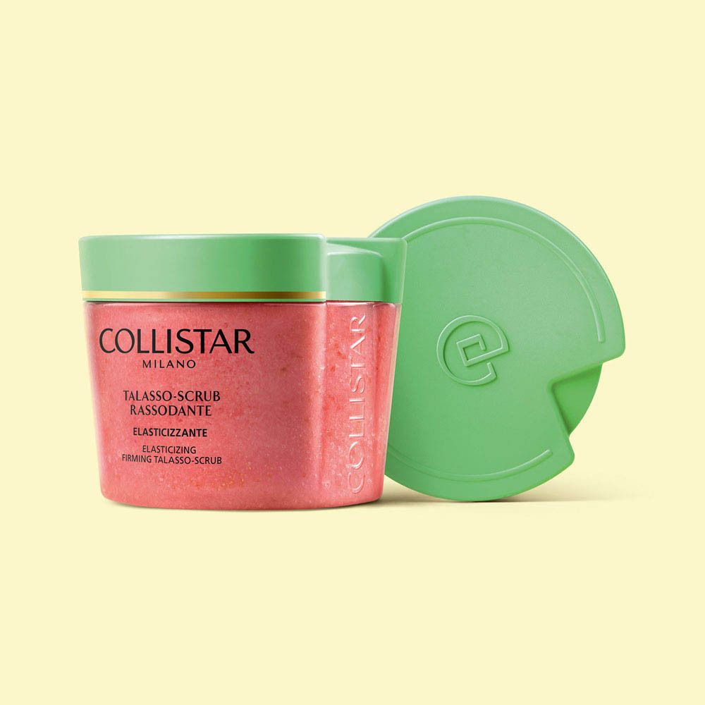 Pot met roze scrub. Groen deksel. Deksel open. Naam: Collistar. Talasso-Scrub.