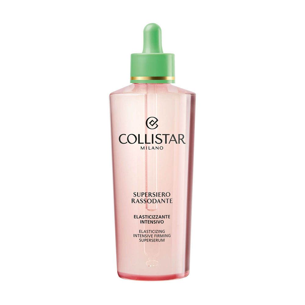 Flacon de sérum. Liquide rose, pipette verte. Inscription : COLLISTAR MILANO, Supersiero Rassodante.
