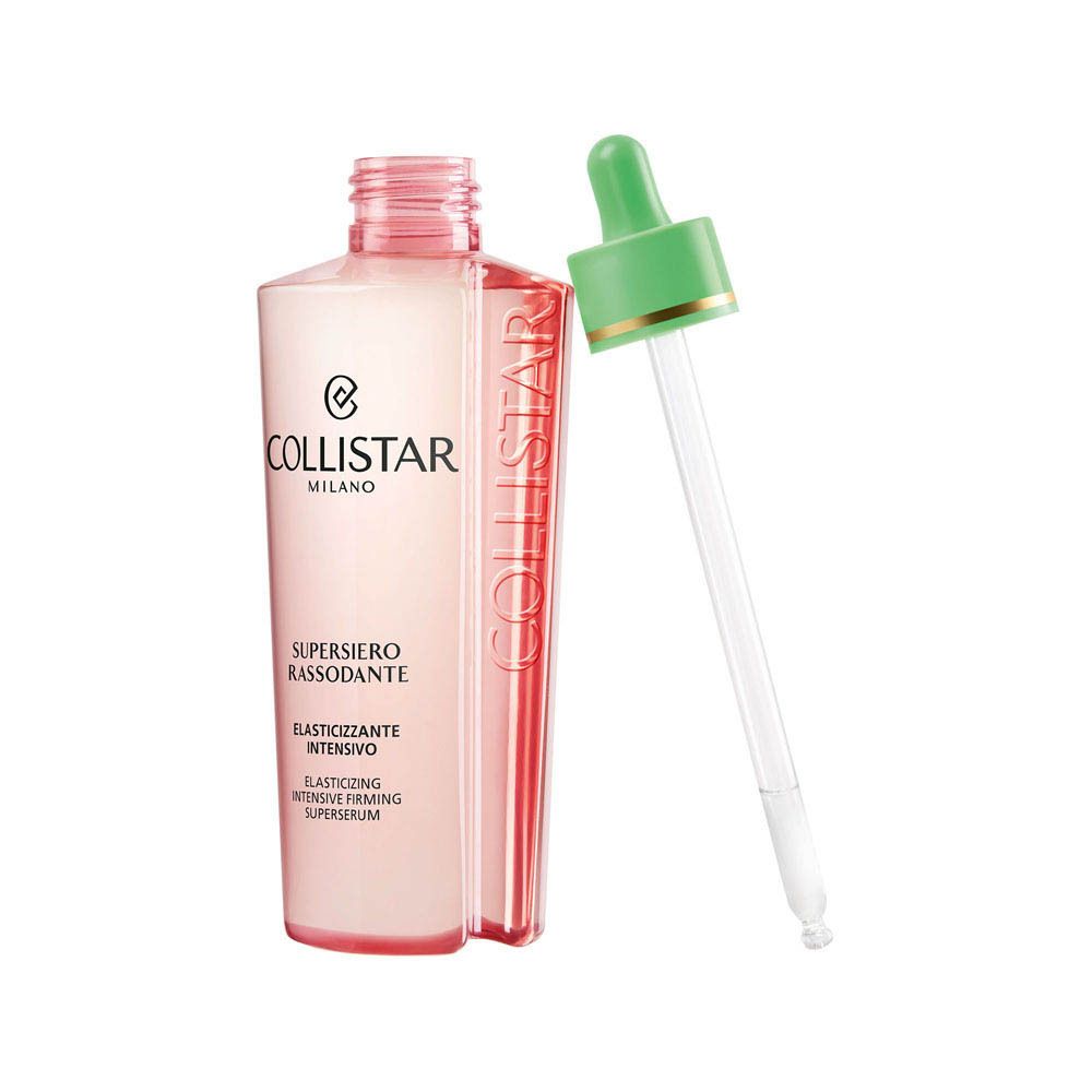Flesje serum en pipet. Roze vloeistof, groene pipet. Opschrift: COLLISTAR MILANO.