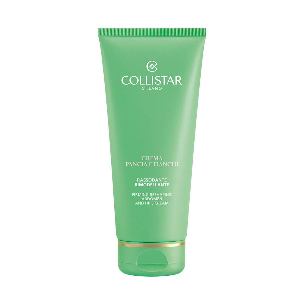 Groene tube. Opschrift: Collistar Milano, Crema Pancia e Fianchi, Rimodellante, Firming Reshaping Abdomen and Hips Cream.