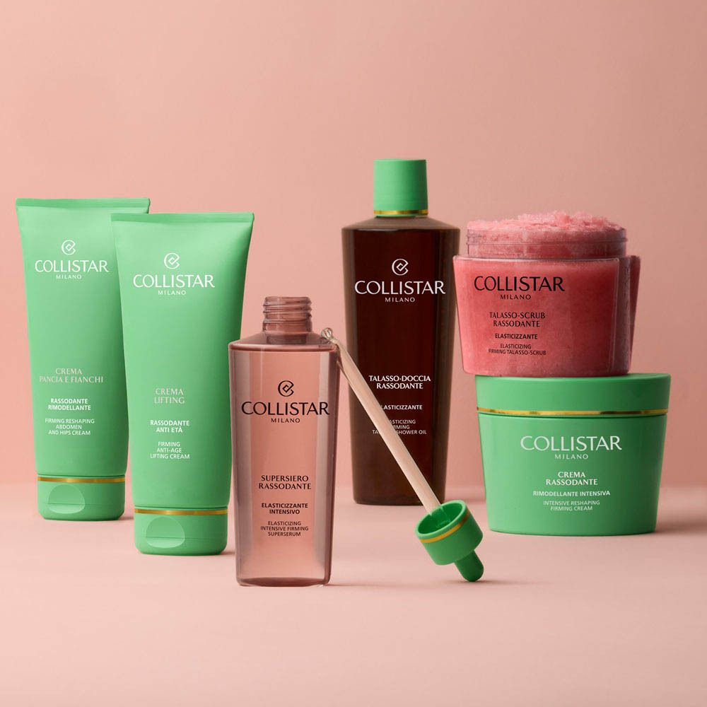Verschillende cosmetische producten. Verschillende vormen en kleuren. Opschrift: Collistar Milano.