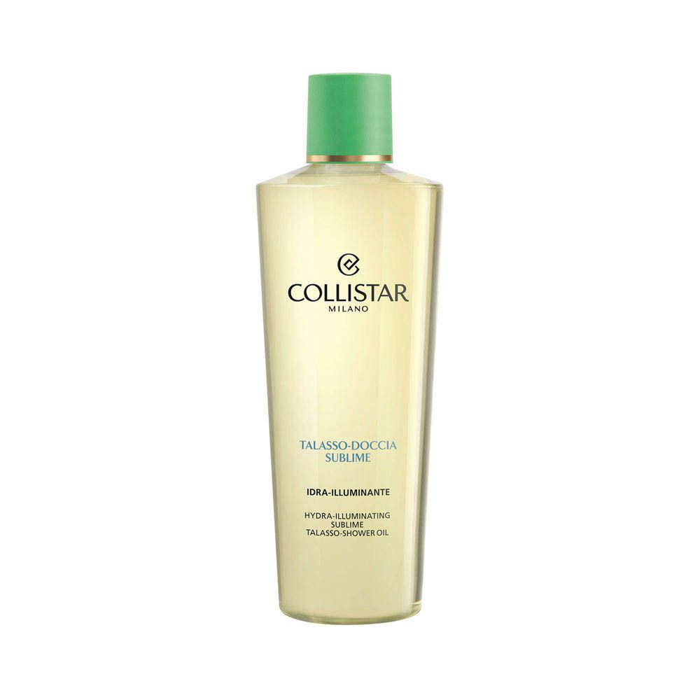 Produit en flacon avec bouchon vert. Inscription: Collistar Milano, Talasso-Doccia Sublime.