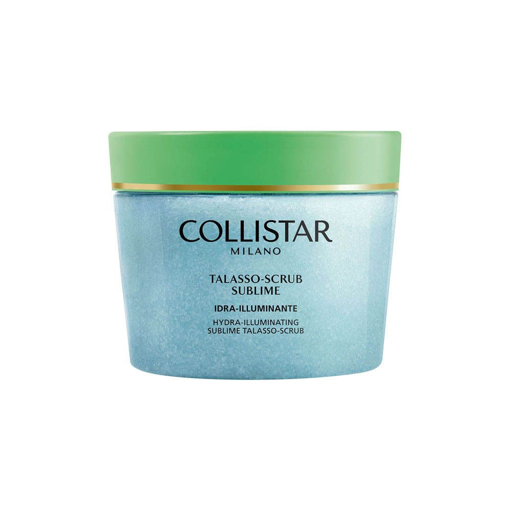 Pot met groen deksel. Opschrift: COLLISTAR MILANO, TALASSO-SCRUB SUBLIME, IDRA-ILLUMINANTE.