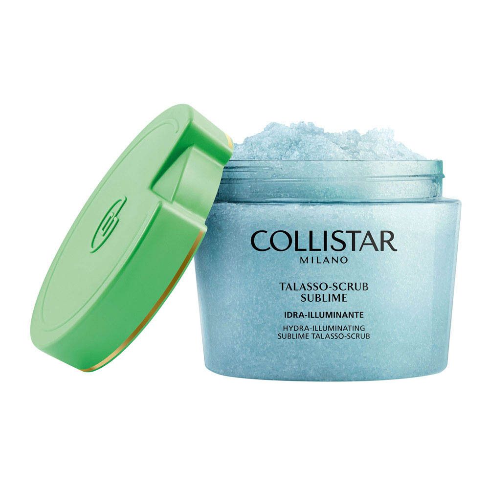 Pot avec couvercle vert, couvercle ouvert. Inscription: COLLISTAR MILANO, TALASSO-SCRUB SUBLIME.