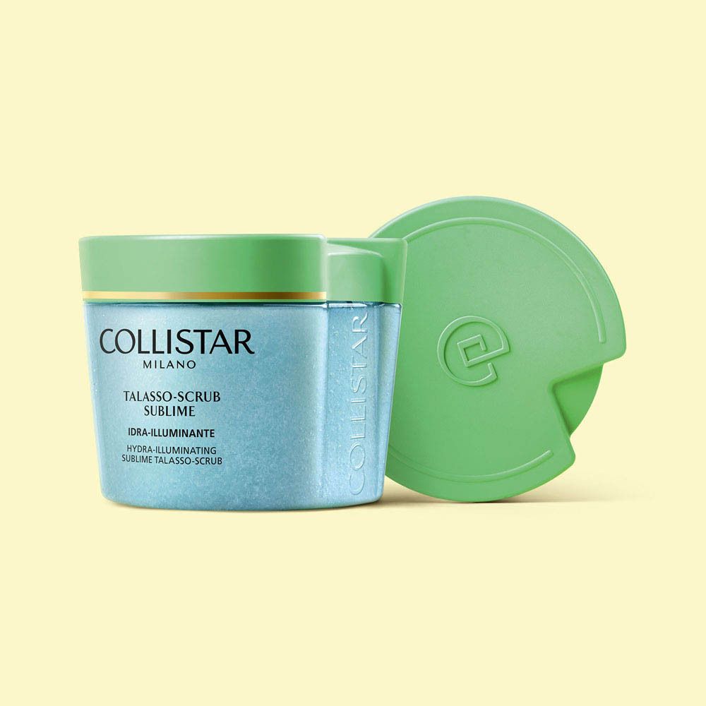 Pot avec couvercle vert, couvercle ouvert. Inscription: COLLISTAR MILANO, TALASSO-SCRUB SUBLIME.