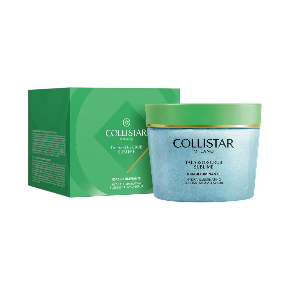 Emballage du produit avec pot et boîte. Inscription: COLLISTAR, TALASSO-SCRUB SUBLIME, IDRA-ILLUMINANTE.