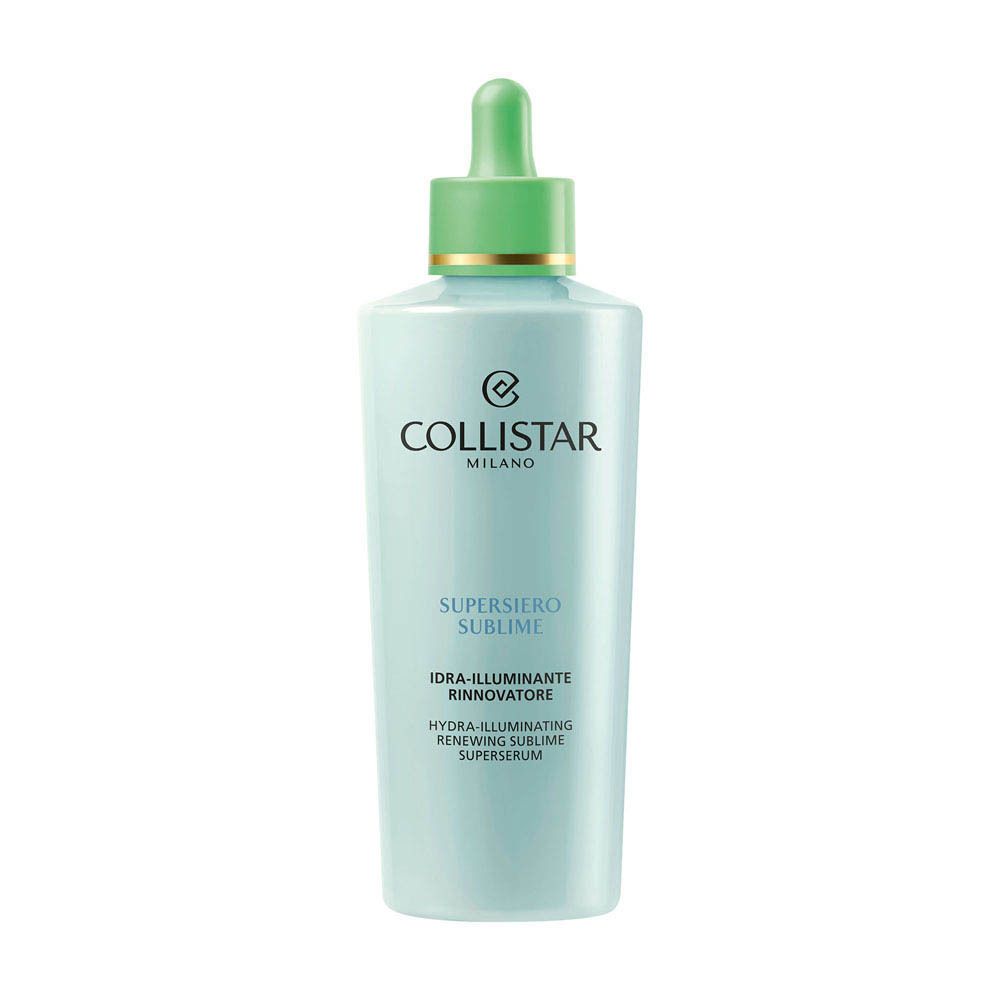 Collistar Hydra-Illuminating Renewing Sublime Superserum dans un flacon bleu clair avec compte-gouttes.