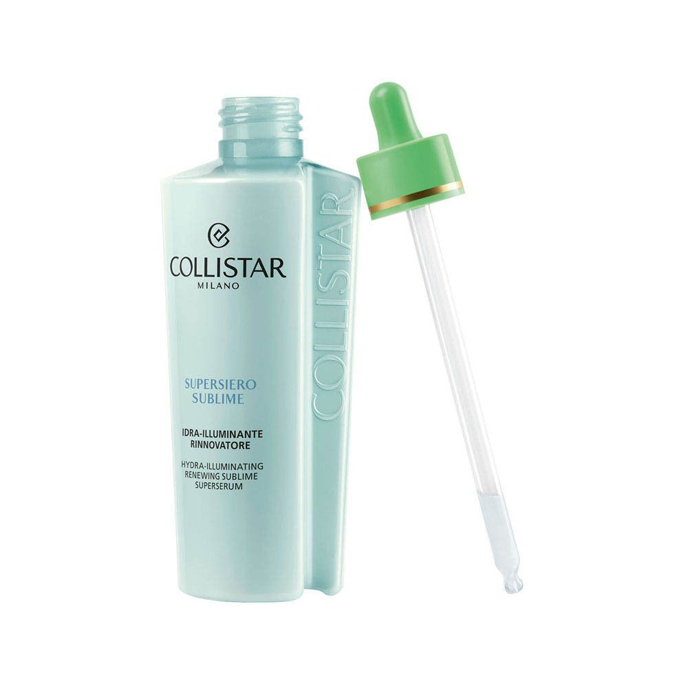 Achterkant van de Collistar Hydra-Illuminating Renewing Sublime Superserum fles met gebruiksaanwijzing en volume.