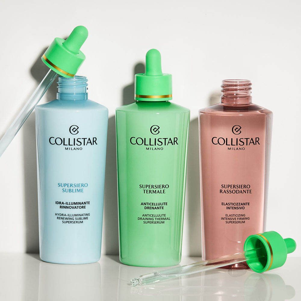Groene verpakking voor Collistar Hydra-Illuminating Renewing Sublime Superserum met cirkelvormige designelementen.