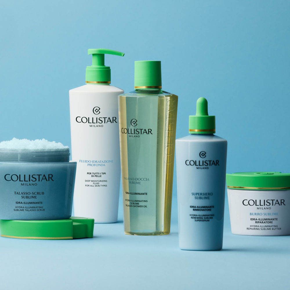 Zijkant van de groene verpakking voor Collistar Hydra-Illuminating Renewing Sublime Superserum met productinformatie.