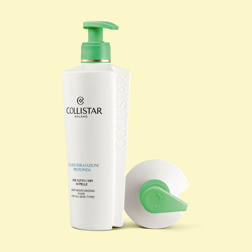 Achterkant van de Collistar Deep Moisturizing Fluid pompflacon met productinformatie.