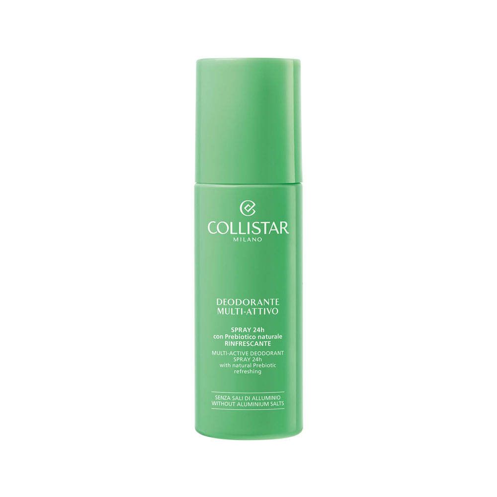 Spray déodorant vert Collistar. Forme cylindrique avec bouchon. Nom du produit et logo visibles.