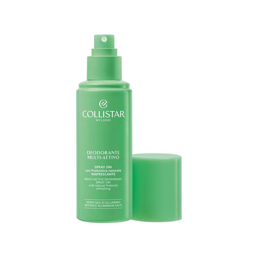 Groene deodorant spray van Collistar. Cilindrische vorm, spuitkop en dop apart.