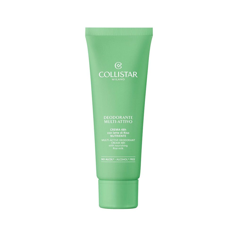 Groene tube met witte tekst. Opschrift: Collistar Milano, Deodorante Multi-Attivo, Crème 48h met rijstmelk, Alcohol Free.