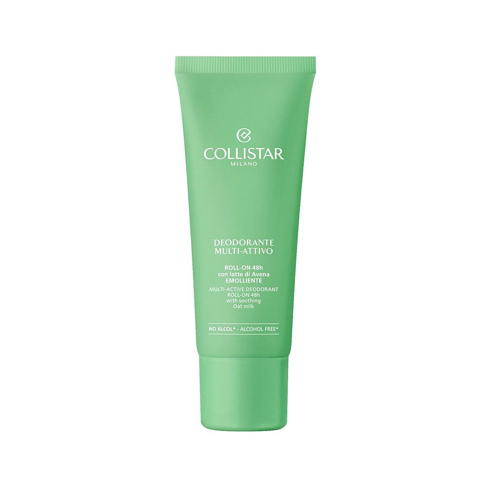 Groene tube met tekst. Bovenin staat "COLLISTAR MILANO". Daaronder "DEODORANTE MULTI-ATTIVO". Tekst daaronder: "ROLL-ON 48H". "NO ALCOOL - ALCOHOL FREE".