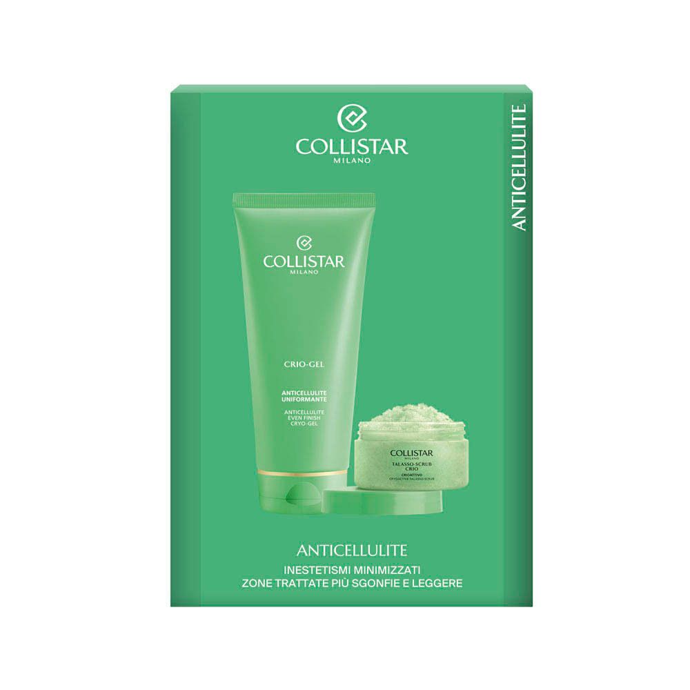 Groene doos met tube en pot. Opschrift: Collistar, Anticellulite. Tekst in het Italiaans.