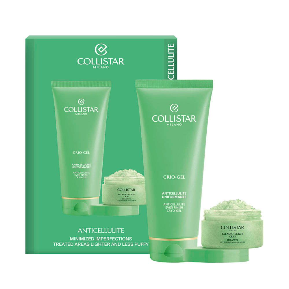 Groene doos met tube en pot. Opschrift: Collistar, Anticellulite. Tekst in het Italiaans.
