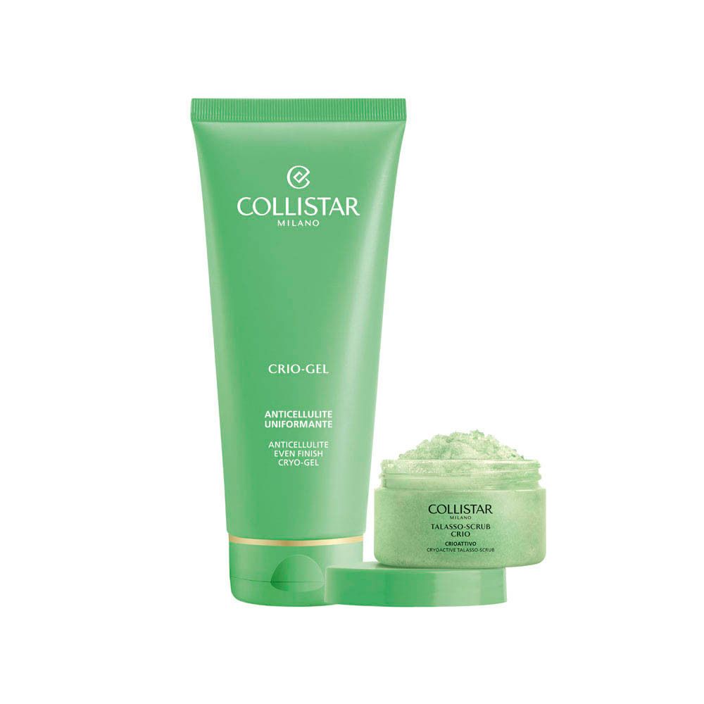 Twee producten: tube en pot. Opschrift: Collistar. Teksten: Cryo-Gel, Talasso-Scrub. Op voetstuk.