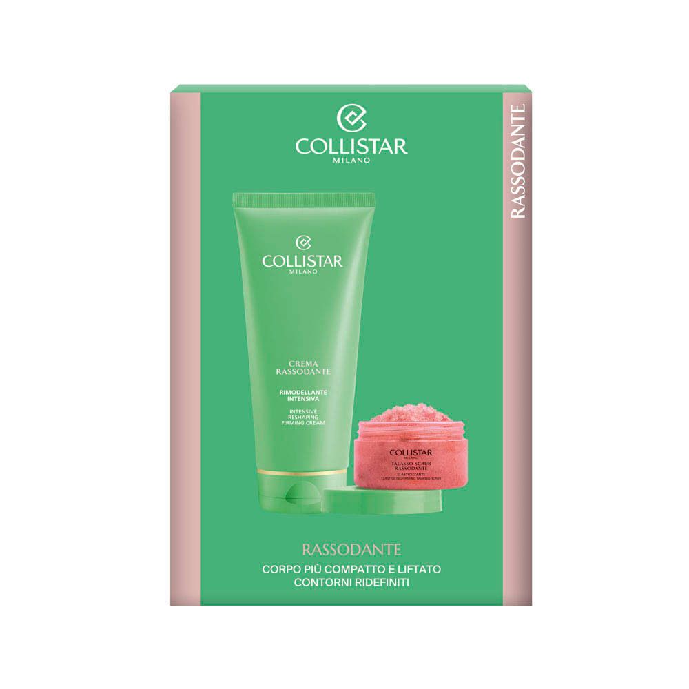 Collistar cadeau set. Crème en scrub voor het lichaam. Groene en witte verpakking. Tube en pot zichtbaar.