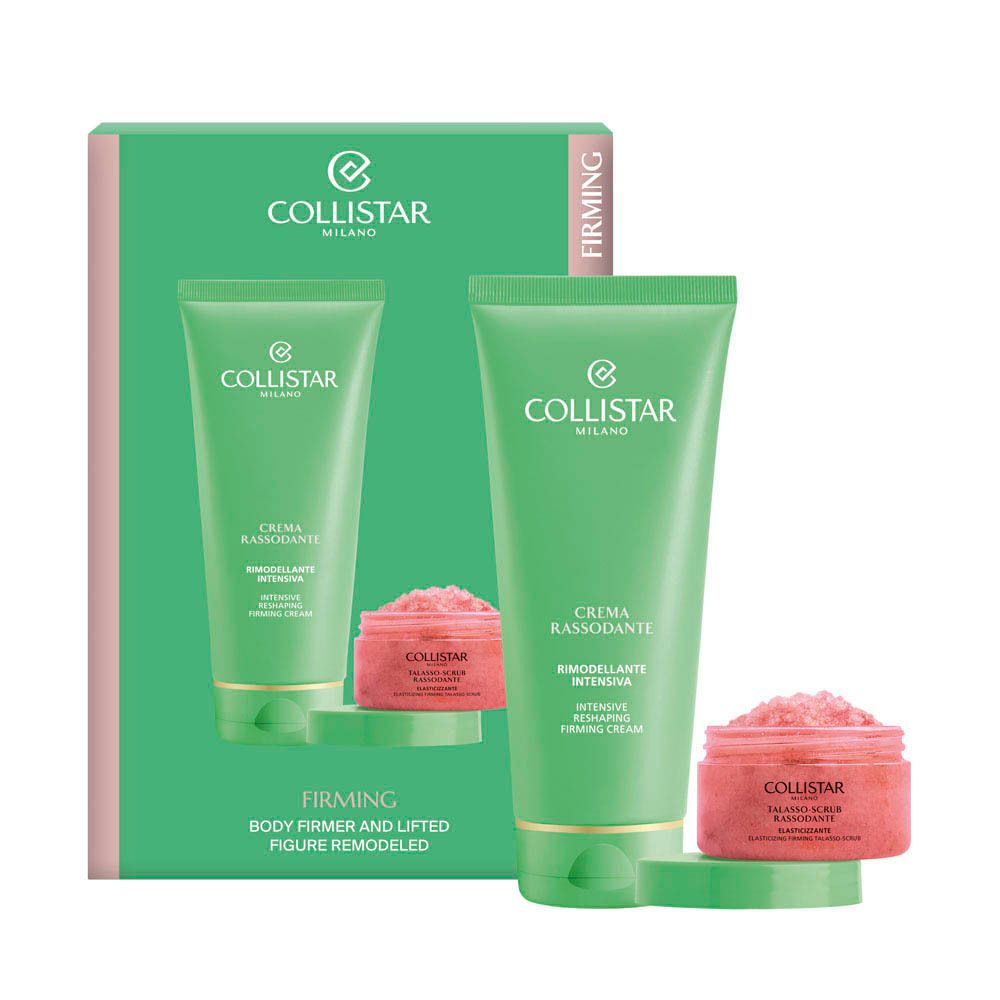 Coffret cadeau Collistar. Crème et gommage pour le corps. Emballage vert et blanc. Tube et pot visibles.