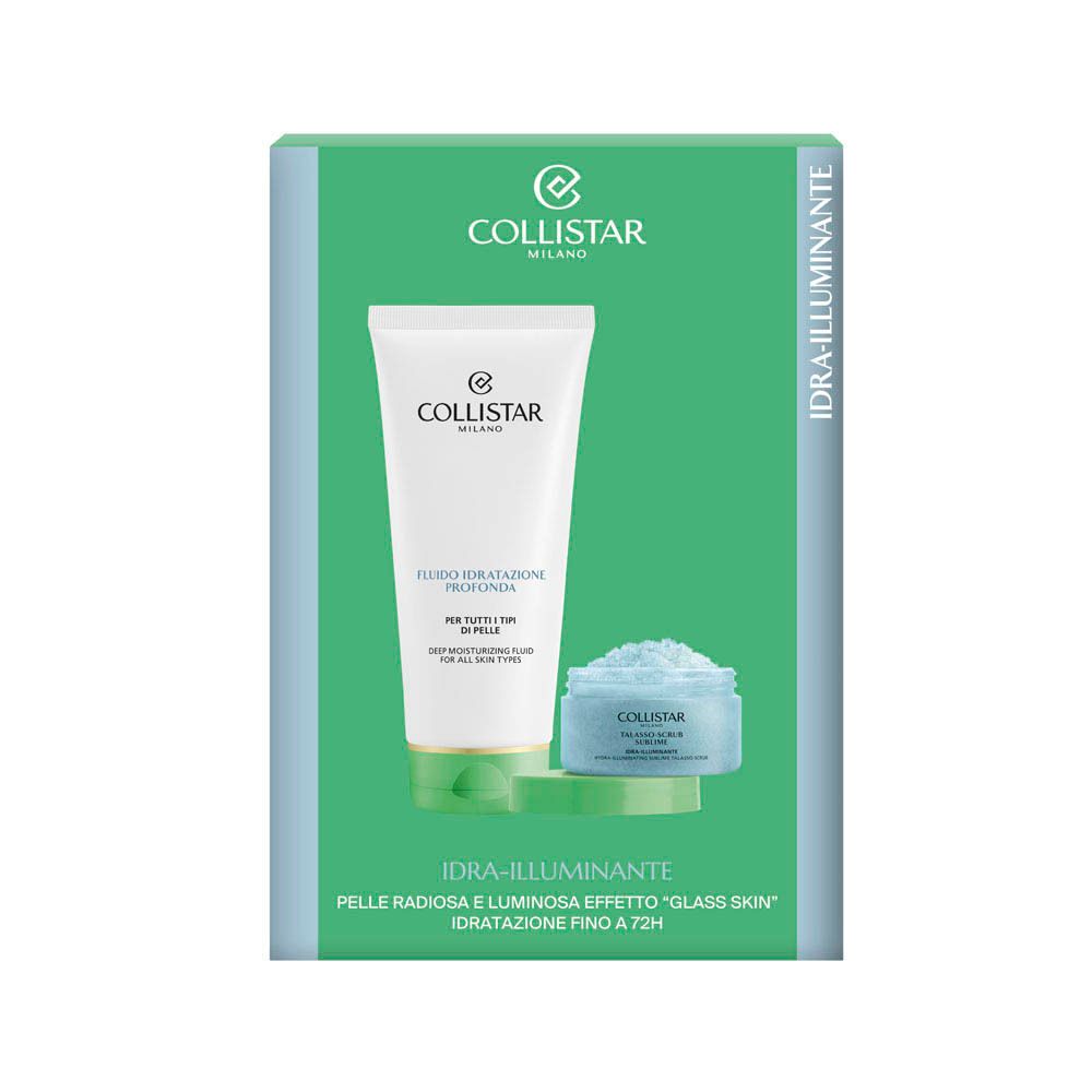 Collistar set. Twee producten: hydraterende vloeistof en Talasso-Scrub. Witte tube en blauwe pot op groen plateau.