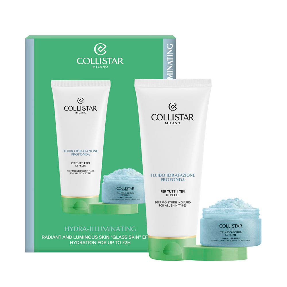 Collistar set. Twee producten: hydraterende vloeistof en Talasso-Scrub. Witte tube en blauwe pot op groen plateau.