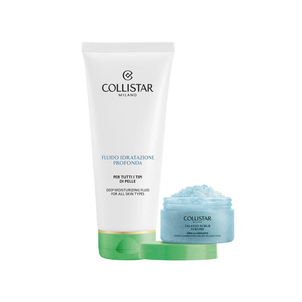 Collistar set. Twee producten: hydraterende vloeistof en Talasso-Scrub. Witte tube en blauwe pot op groen plateau.