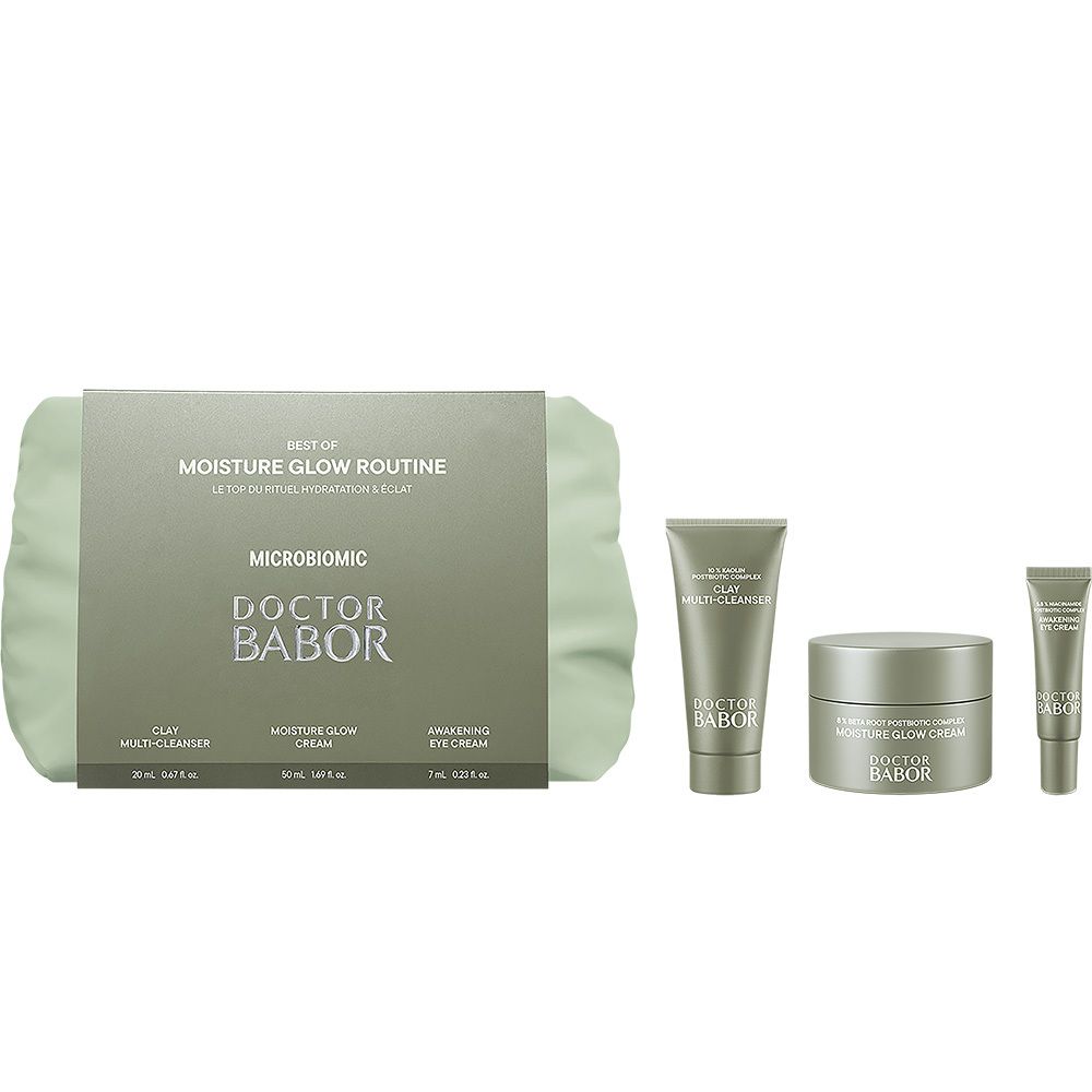 Coffret cosmétique Babor : pochette avec 3 produits. Contient "Clay Multi-Cleanser", "Moisture Glow Cream", "Awakening Eye Cream".
