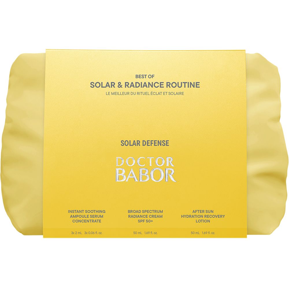 Gele verpakking met tekst "BEST OF SOLAR & RADIANCE ROUTINE" en "DOCTOR BABOR".