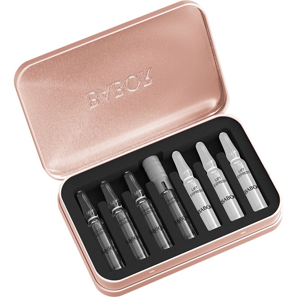 Open roze metalen doos met 6 glazen ampullen. Opschrift: BABOR, LIFT EXPRESS.