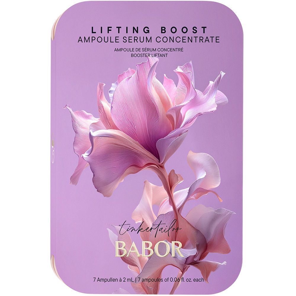 Lila verpakking met bloemenontwerp. Bevat 7 ampullen. Opschrift: LIFTING BOOST, BABOR.