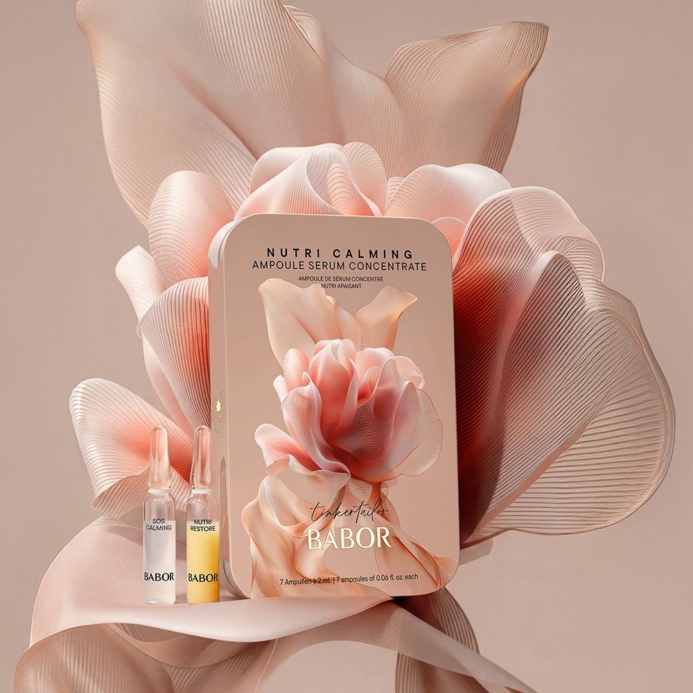 Babor Nutri Calming Ampoule Serum Concentrate met delicate bloemenillustratie.