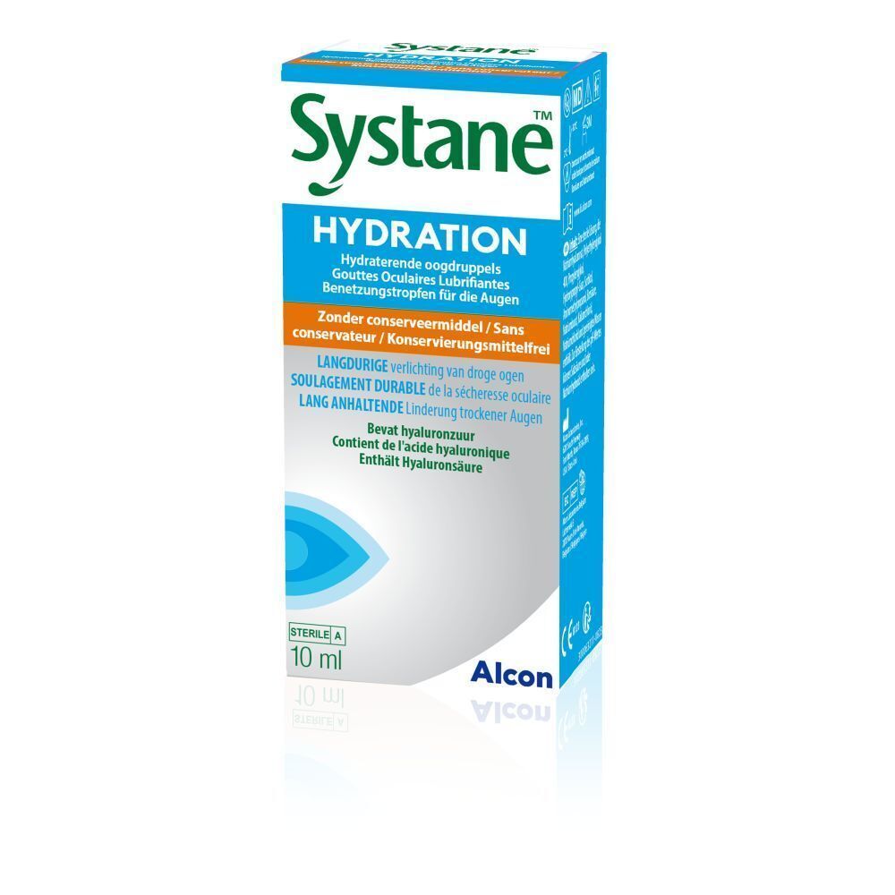 Boîte de Systane Hydration. Boîte bleue et blanche avec nom et texte du produit. 10 ml.