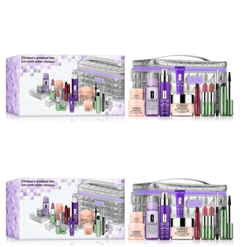 Clinique cadeau set. Bevat diverse cosmetische producten: crèmes, lippenstiften en mascara. Verpakt in een zilveren toilettas en doos.