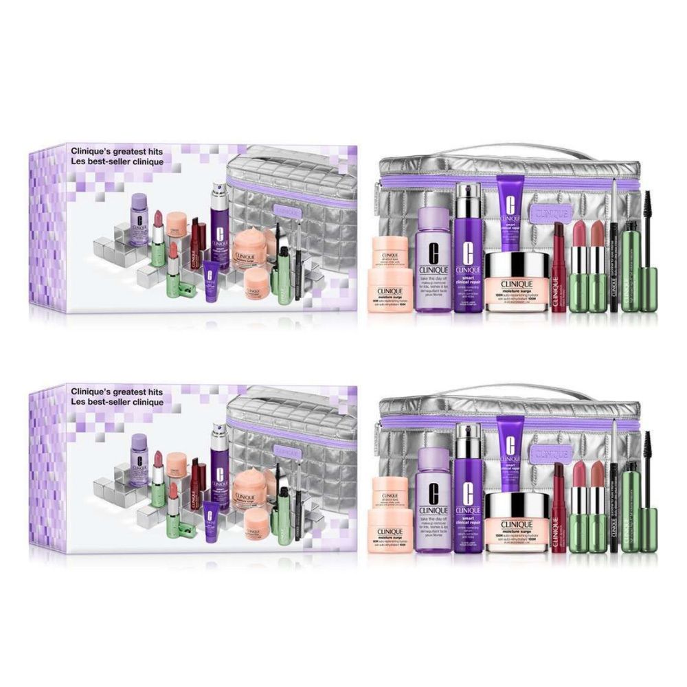 Coffret Clinique's Greatest Hits Blockbuster avec trousse de toilette et divers produits cosmétiques.