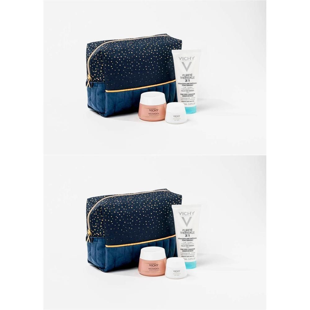 Trousse de toilette avec produits. Comprend un tube, deux pots et une trousse avec étoiles dorées sur fond bleu.