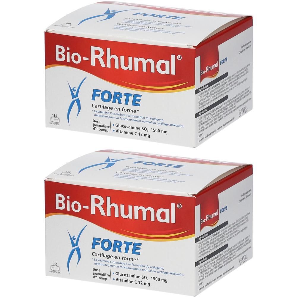 Deux boîtes de Bio-Rhumal Forte. Blanches avec texte et logo rouges. Inscription : Forte, Cartilage en forme. Contient glucosamine et vitamine C.