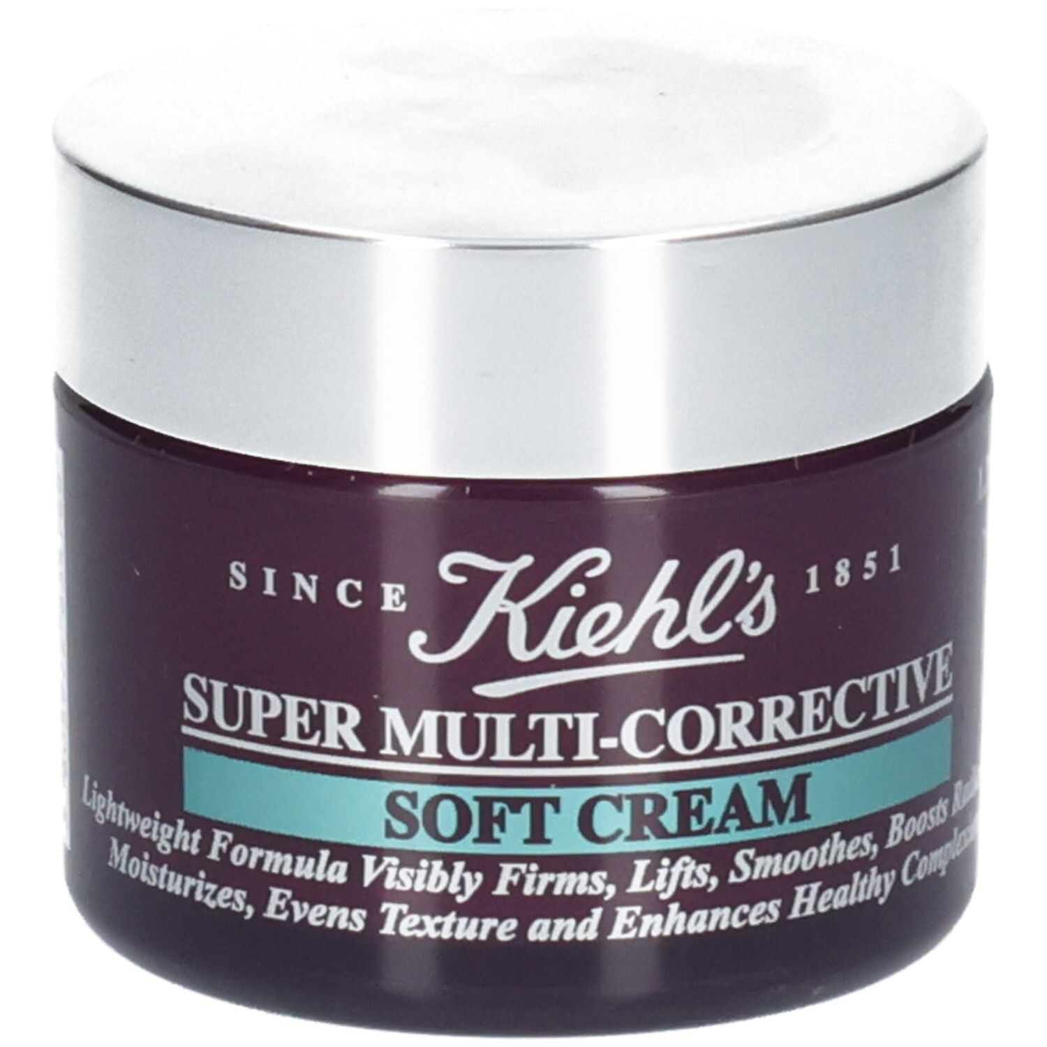 Crème douce Kiehl's Super Multi-Corrective dans un pot en verre violet avec un couvercle argenté.