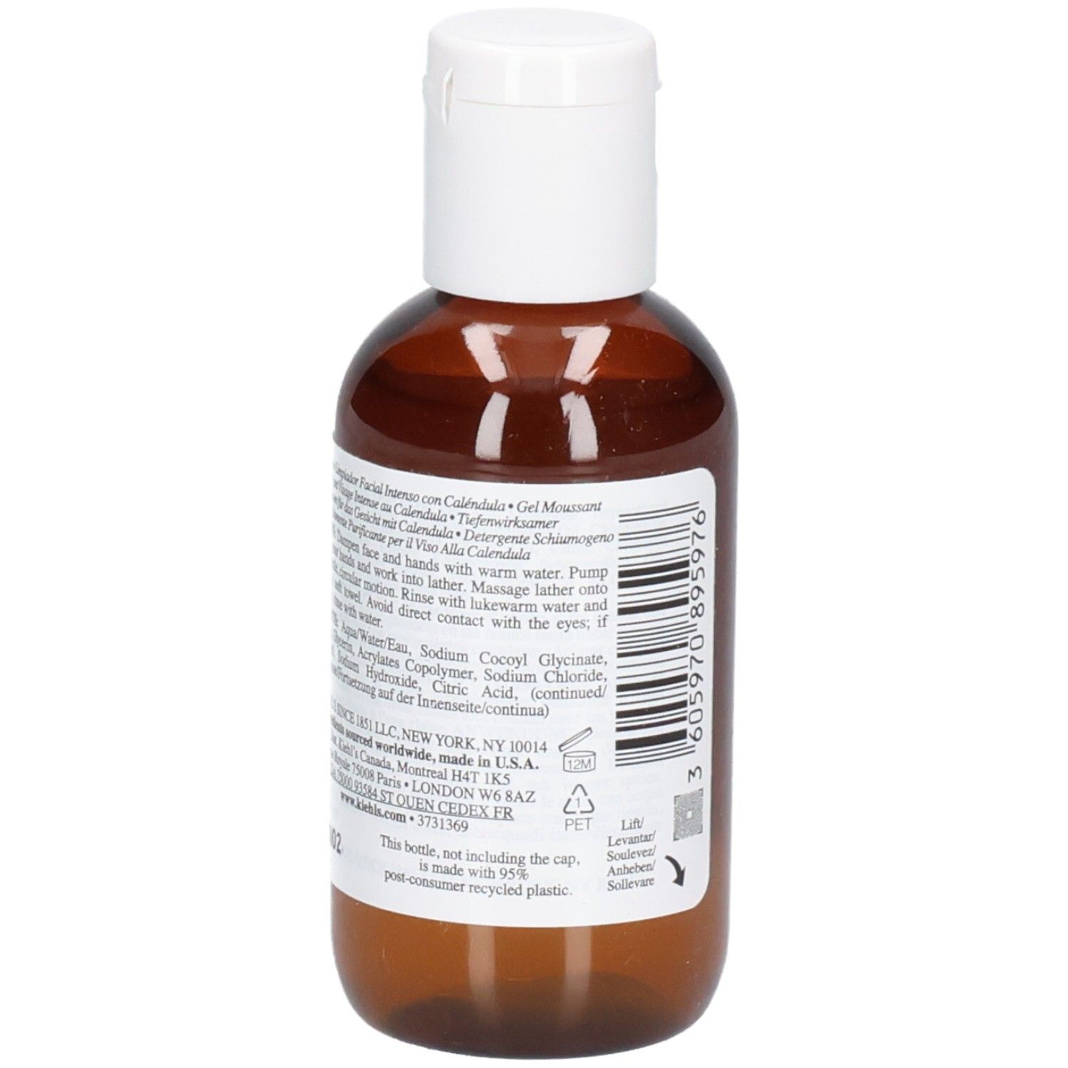 Kiehl's Calendula Deep Cleansing Foaming Face Wash, achterkant van de fles van 75 ml met instructies.