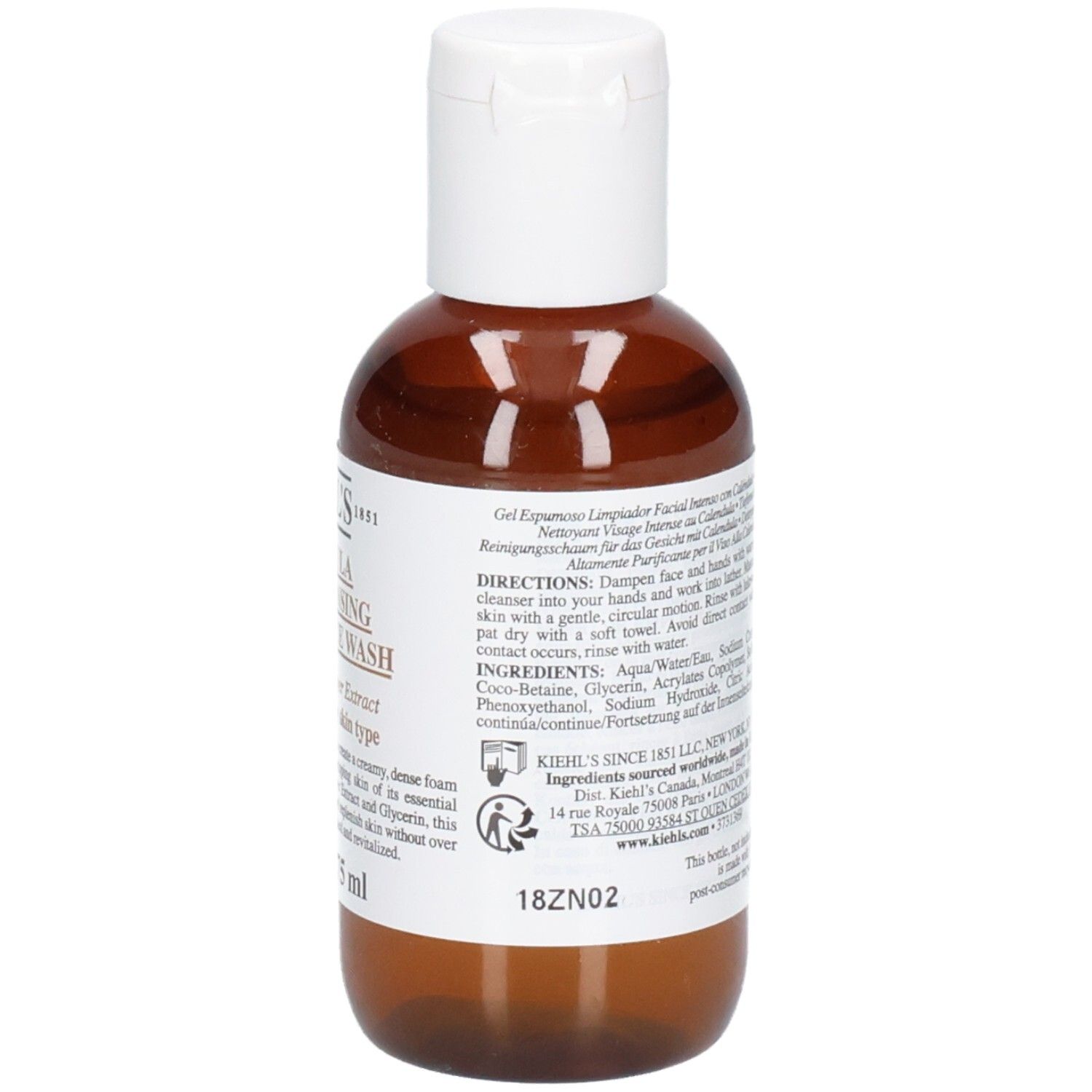Kiehl's Calendula Deep Cleansing Foaming Face Wash, fles van 75 ml, zijaanzicht met tekst.