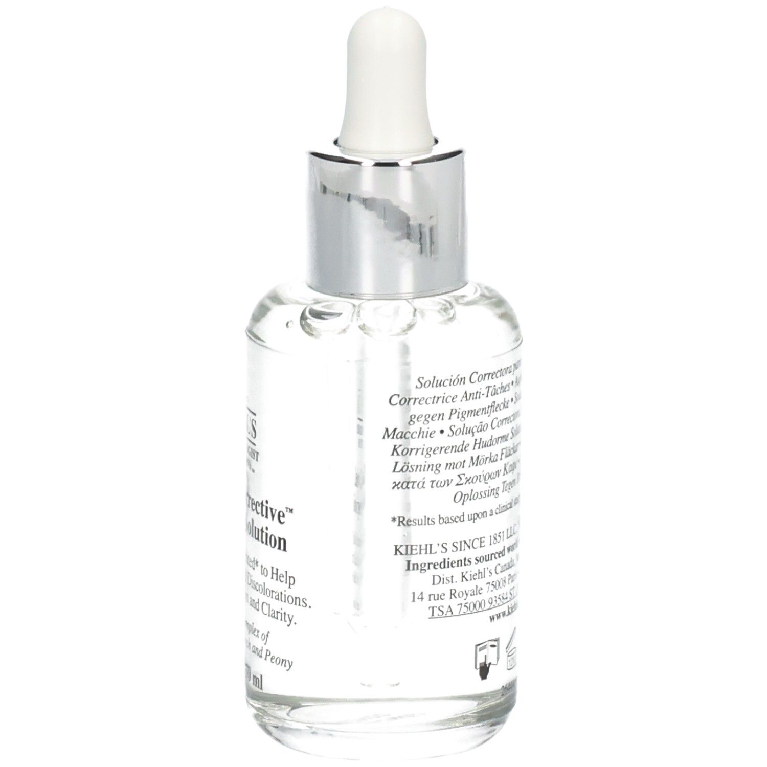 Kiehl's Clearly Corrective Dark Spot Solution serum, achterkant. 50 ml.