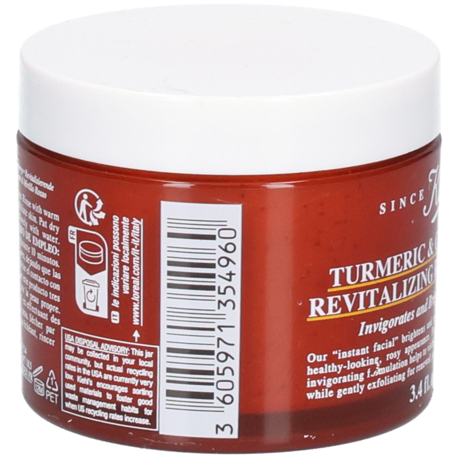 Kiehl's Kurkuma & Cranberry Seed Masque, achterkant met barcode en recyclinginformatie.