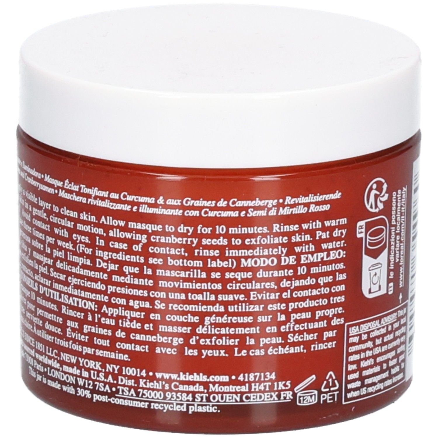 Kiehl's Kurkuma & Cranberry Seed Masque, achterkant met gebruiksinstructies in het Spaans en Engels.